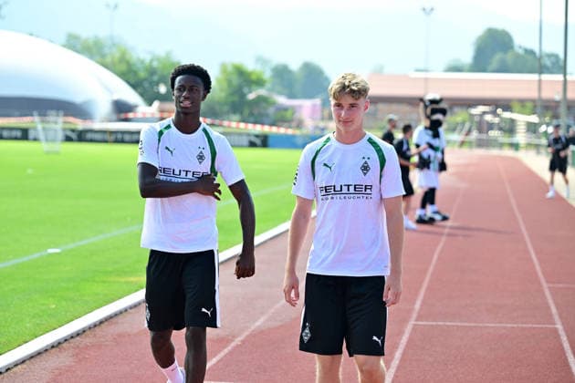 02.08.2026; Rottach-Egern; Fussball, Herren, Saison 2026 2027, Trainingslager Borussia Moenchengladbach v. li. Dillon Berko (Gladbach), Edin Biber (Gladbach) DFL regulations prohibit any use of photographs as image sequences and or quasi-video. Stadion Am Birkenmoos Bayern Deutschland