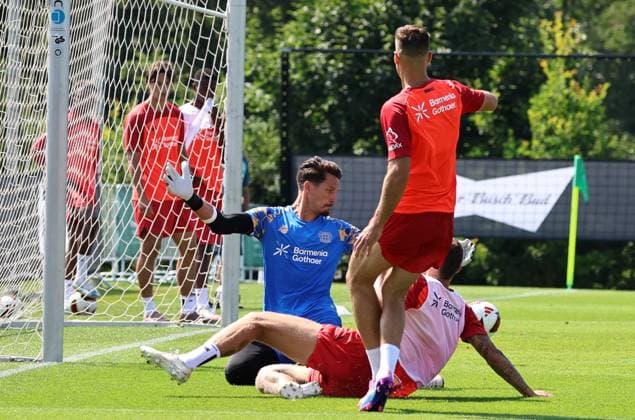 GER, Trainingslager Bayer 04 Leverkusen - Blankenhain 03.08.2026, Blankenhain, GER, Saison 2026 2027, 1.Bundesliga, Bayer 04 Leverkusen - Trainingslager im Bild Torwart Jannes Blaswich in Aktion DFL regulations prohibit any use of photographs as image sequences and or quasi-video