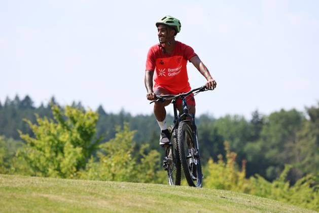 GER, Trainingslager Bayer 04 Leverkusen - Blankenhain 03.08.2026, Blankenhain, GER, Saison 2026 2027, 1.Bundesliga, Bayer 04 Leverkusen - Trainingslager im Bild Arthur mit dem Fahrrad DFL regulations prohibit any use of photographs as image sequences and or quasi-video