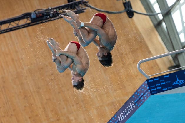 SWIMMING - EAC 2026 PARIS,FRANCE,03.AUG.26 - SWIMMING - European Aquatics Championships Paris 2026, training. Image shows Anton Knoll and Dariush Lotfi (AUT).  GEPAxpictures xPhilippxBrem