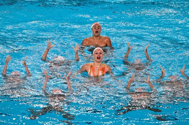 Athletes of team France compete in the artistic swimming Team Free Final during the European Aquatics Championships at the Olympic Aquatic Center in Paris (France), August 3, 2026. Andrea Masini Deepbluemedia Insidefoto