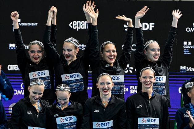Neutral Athletes B, gold medal attend the medal ceremony of the artistic swimming Team Free Final during the European Aquatics Championships at the Olympic Aquatic Center in Paris (France), August 3, 2026. Andrea Staccioli