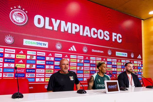 Athens , 03-08-2026 , Stadio Georgios Karaiskakis , third qualifying round of the Champions League , season 2026 2027 , press conference, PK, Pressekonferenz NEC in Athens , picture shows , NEC coach Dick Schreuder , NEC player Tjaronn Chery , Nick van der Cammen Press conference NEC Athens  x205434756x Copyright:
