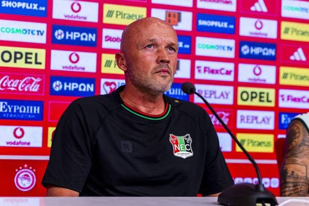 Athens , 03-08-2026 , Stadio Georgios Karaiskakis , third qualifying round of the Champions League , season 2026 2027 , press conference, PK, Pressekonferenz NEC in Athens , picture shows , NEC coach Dick Schreuder Press conference NEC Athens  x205434757x Copyright: