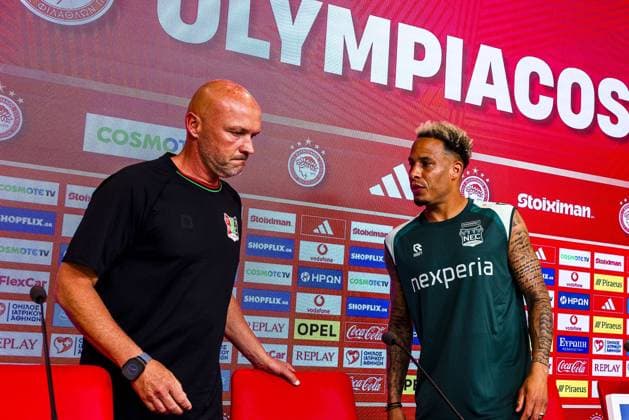 Athens , 03-08-2026 , Stadio Georgios Karaiskakis , third qualifying round of the Champions League , season 2026 2027 , press conference, PK, Pressekonferenz NEC in Athens , picture shows , NEC coach Dick Schreuder , NEC player Tjaronn Chery Press conference NEC Athens  x205434773x Copyright: