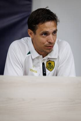 Union s head coach David Hubert pictured during a press conference, PK, Pressekonferenz of Belgian Royale Union Saint-Gilloise, Monday 03 August 2026 in Oostende, in preparations of the first leg of the third qualifying round for the UEFA Champions League against Norwegian Bodo Glimt. KURTxDESPLENTER  x182700353x