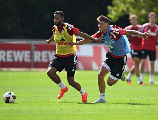 03.08.2026, xophax, Fussball 1.Bundesliga, 1.FC Koeln Training am Geissbockheim des 1.FC Köln. V.l.n.rechts : Â Linton Maina und Jonathan Friemel , rechts ( beide 1.FC Köln ) Köln