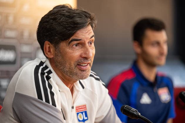 Olympique Lyon head coach Paulo Fonseca, left, and goalkeeper Dominik Greif, right, spoke at a press conference, PK, Pressekonferenz ahead of the opening match of the third qualifying round of the Champions League between AC Sparta Praha and Olympique Lyon, in Prague, Czech Republic, on August 3, 2026. (CTKxPhoto OndrejxDeml) CTKPhotoP2026080305722 CTKPhotoP2026080305722