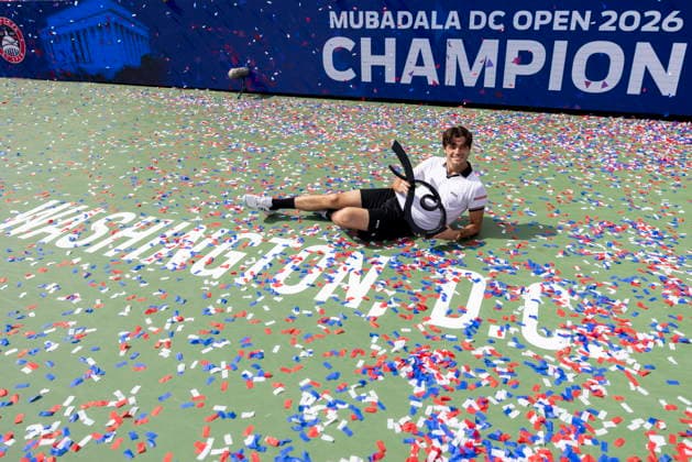 Washington DC Open tennis tournament epaselect Taylor Fritz of the USA poses for photographs with the first place trophy after beating Rafael Jodar of Spain in their Mens Final match at the Washington DC Open tennis tournament, in Washington, DC, USA, 03 August 2026. WASHINGTON DC UNITED STATES  Copyright: xWILLxOLIVERx