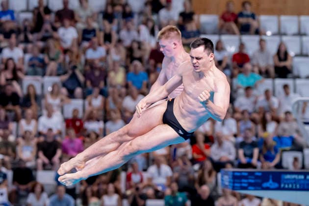 France, Paris, Centre Aquatique Olympique Metropole du Grand Paris, 03.08.2026, European Aquatics Championships Artistic Swimming, Day 4, Men™s 3m Springboard Synchro Final, Lou Noel Guy Massenberg and Jonathan Giesbert Schauer of Germany, Photo by Eibner Pressefoto Tino Henschel European Aquatics Championships Artistic Swimming, Day 4, Men™s 3m Springboard Synchro Final Paris Copyright: xEibnerxPressefotox