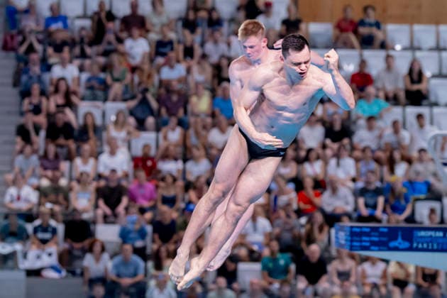 France, Paris, Centre Aquatique Olympique Metropole du Grand Paris, 03.08.2026, European Aquatics Championships Artistic Swimming, Day 4, Men™s 3m Springboard Synchro Final, Lou Noel Guy Massenberg and Jonathan Giesbert Schauer of Germany, Photo by Eibner Pressefoto Tino Henschel European Aquatics Championships Artistic Swimming, Day 4, Men™s 3m Springboard Synchro Final Paris Copyright: xEibnerxPressefotox