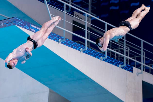 France, Paris, Centre Aquatique Olympique Metropole du Grand Paris, 03.08.2026, European Aquatics Championships Artistic Swimming, Day 4, Men™s 3m Springboard Synchro Final, Lou Noel Guy Massenberg and Jonathan Giesbert Schauer of Germany, Photo by Eibner Pressefoto Tino Henschel European Aquatics Championships Artistic Swimming, Day 4, Men™s 3m Springboard Synchro Final Paris Copyright: xEibnerxPressefotox