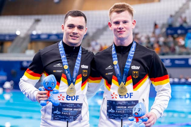 France, Paris, Centre Aquatique Olympique Metropole du Grand Paris, 03.08.2026, European Aquatics Championships Artistic Swimming, Day 4, Men™s 3m Springboard Synchro Final, Lou Noel Guy Massenberg and Jonathan Giesbert Schauer of Germany celebrate winning the Gold Medal, Photo by Eibner Pressefoto Tino Henschel European Aquatics Championships Artistic Swimming, Day 4, Men™s 3m Springboard Synchro Final Paris Copyright: xEibnerxPressefotox