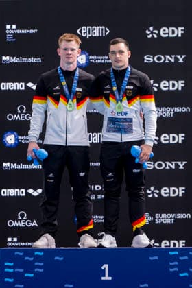 France, Paris, Centre Aquatique Olympique Metropole du Grand Paris, 03.08.2026, European Aquatics Championships Artistic Swimming, Day 4, Men™s 3m Springboard Synchro Final, Lou Noel Guy Massenberg and Jonathan Giesbert Schauer of Germany celebrate winning the Gold Medal, Photo by Eibner Pressefoto Tino Henschel European Aquatics Championships Artistic Swimming, Day 4, Men™s 3m Springboard Synchro Final Paris Copyright: xEibnerxPressefotox