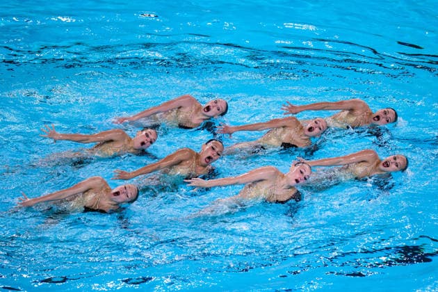 260804 Athletes of team Neutral Athletes B (Russia) compete in artistic swimming team technical final during day five of the 2026 European Aquatics Championships on August 4, 2026 in Saint-Denis. Photo: Joel Marklund BILDBYRAN kod JM JM0831 bbeng konstsim artistic swimming 2026 european aquatics championships em Ryssland Russia Copyright: JOELxMARKLUND BB260804JM009