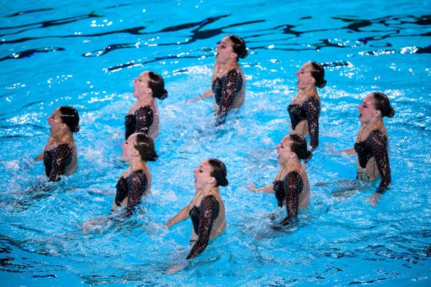 260804 Athletes of team Neutral Athletes B (Russia) compete in artistic swimming team technical final during day five of the 2026 European Aquatics Championships on August 4, 2026 in Saint-Denis. Photo: Joel Marklund BILDBYRAN kod JM JM0831 bbeng konstsim artistic swimming 2026 european aquatics championships em Ryssland Russia Copyright: JOELxMARKLUND BB260804JM008