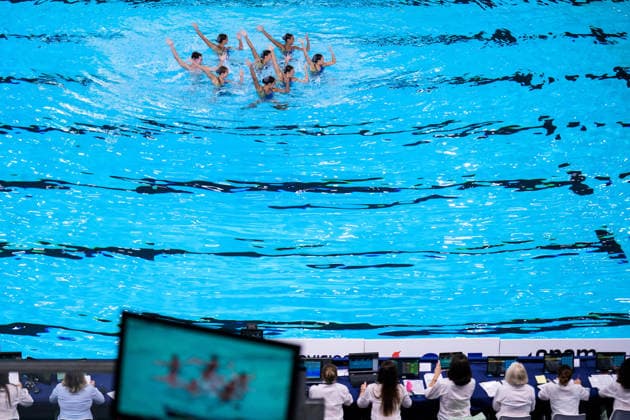 260804 Athletes of team Israel compete in artistic swimming team technical final during day five of the 2026 European Aquatics Championships on August 4, 2026 in Saint-Denis. Photo: Joel Marklund BILDBYRAN kod JM JM0831 bbeng konstsim artistic swimming 2026 european aquatics championships em Copyright: JOELxMARKLUND BB260804JM014