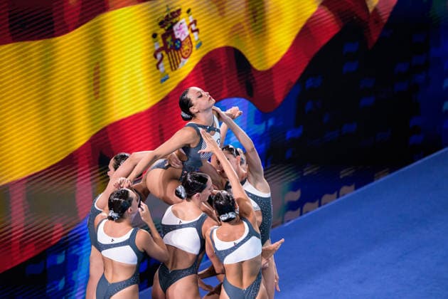 260804 Athletes of team Spain compete in artistic swimming team technical final during day five of the 2026 European Aquatics Championships on August 4, 2026 in Saint-Denis. Photo: Joel Marklund BILDBYRAN kod JM JM0831 bbeng konstsim artistic swimming 2026 european aquatics championships em Copyright: JOELxMARKLUND BB260804JM016