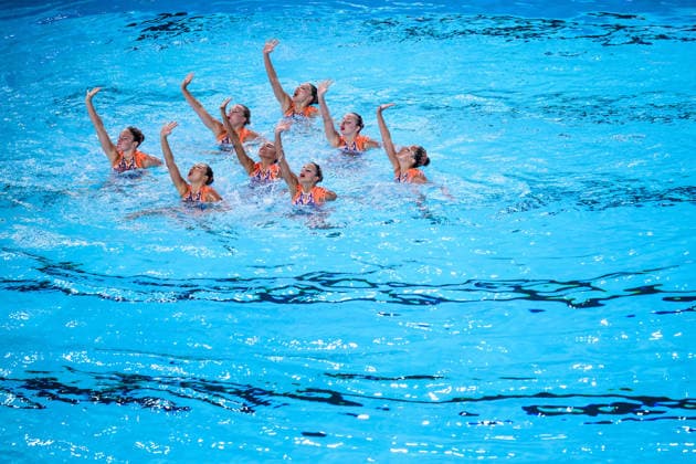 260804 Athletes of team Turkey compete in artistic swimming team technical final during day five of the 2026 European Aquatics Championships on August 4, 2026 in Saint-Denis. Photo: Joel Marklund BILDBYRAN kod JM JM0831 bbeng konstsim artistic swimming 2026 european aquatics championships em Türkiye Copyright: JOELxMARKLUND BB260804JM024