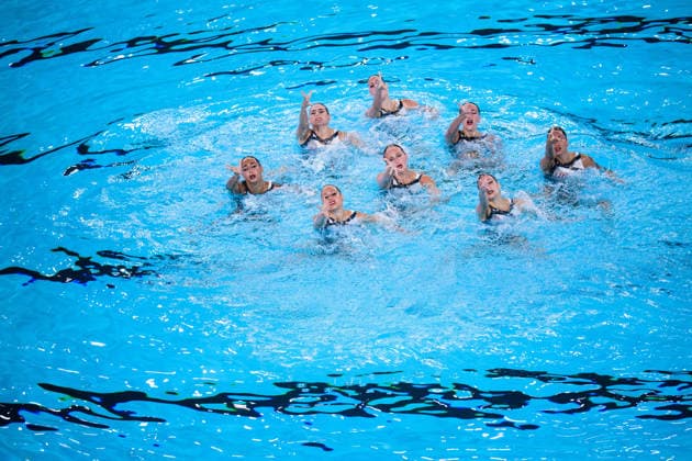 260804 Athletes of team Spain compete in artistic swimming team technical final during day five of the 2026 European Aquatics Championships on August 4, 2026 in Saint-Denis. Photo: Joel Marklund BILDBYRAN kod JM JM0831 bbeng konstsim artistic swimming 2026 european aquatics championships em Copyright: JOELxMARKLUND BB260804JM026