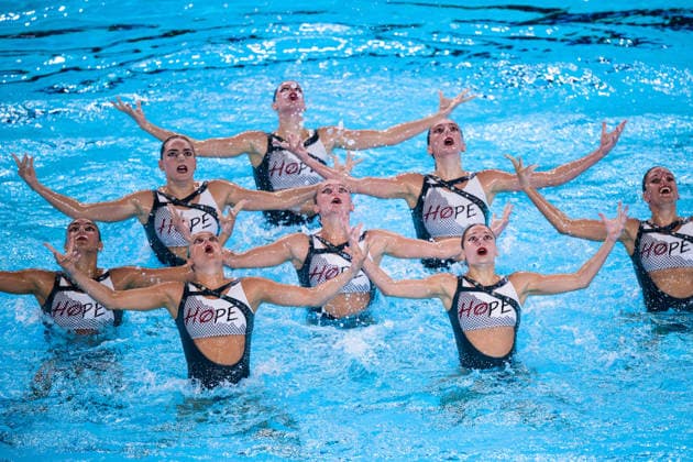 260804 Athletes of team Spain compete in artistic swimming team technical final during day five of the 2026 European Aquatics Championships on August 4, 2026 in Saint-Denis. Photo: Joel Marklund BILDBYRAN kod JM JM0831 bbeng konstsim artistic swimming 2026 european aquatics championships em Copyright: JOELxMARKLUND BB260804JM027