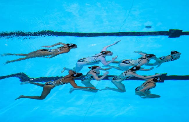 260804 Athletes of team Great Britain compete in artistic swimming team technical final during day five of the 2026 European Aquatics Championships on August 4, 2026 in Saint-Denis. Photo: Joel Marklund BILDBYRAN kod JM JM0831 bbeng konstsim artistic swimming 2026 european aquatics championships em Copyright: JOELxMARKLUND BB260804JM032