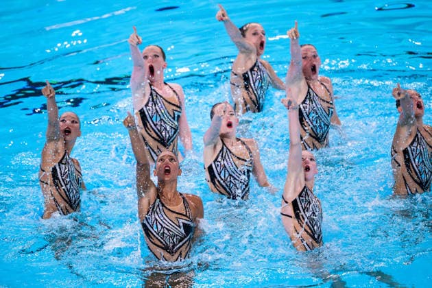 260804 Athletes of team Great Britain compete in artistic swimming team technical final during day five of the 2026 European Aquatics Championships on August 4, 2026 in Saint-Denis. Photo: Joel Marklund BILDBYRAN kod JM JM0831 bbeng konstsim artistic swimming 2026 european aquatics championships em Copyright: JOELxMARKLUND BB260804JM033