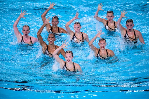 260804 Athletes of team Great Britain compete in artistic swimming team technical final during day five of the 2026 European Aquatics Championships on August 4, 2026 in Saint-Denis. Photo: Joel Marklund BILDBYRAN kod JM JM0831 bbeng konstsim artistic swimming 2026 european aquatics championships em Copyright: JOELxMARKLUND BB260804JM034