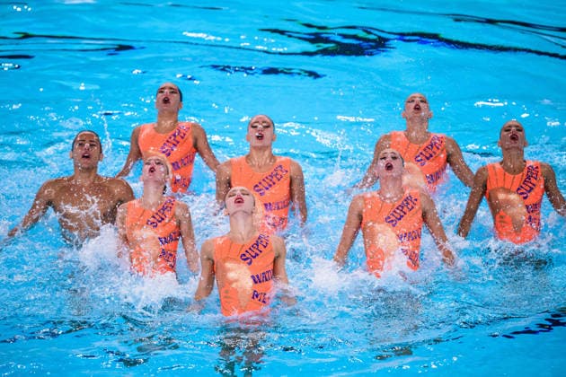 260804 Athletes of team Greece compete in artistic swimming team technical final during day five of the 2026 European Aquatics Championships on August 4, 2026 in Saint-Denis. Photo: Joel Marklund BILDBYRAN kod JM JM0831 bbeng konstsim artistic swimming 2026 european aquatics championships em Copyright: JOELxMARKLUND BB260804JM036