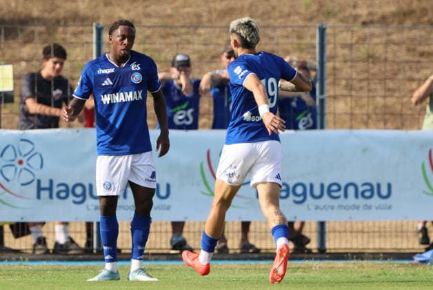 04.08.2026, Fussball, Herren, Testspiel, Saison 2026 2027, Racing Straßburg - SV 07 Elversberg, Torjubel zum 1:1, Torschütze: Martial Godo (Racing Straßburg) Haguenau Parc des Sports de Haguenau Grand Est Frankreich (FRA) Copyright: xSebastianxBachx