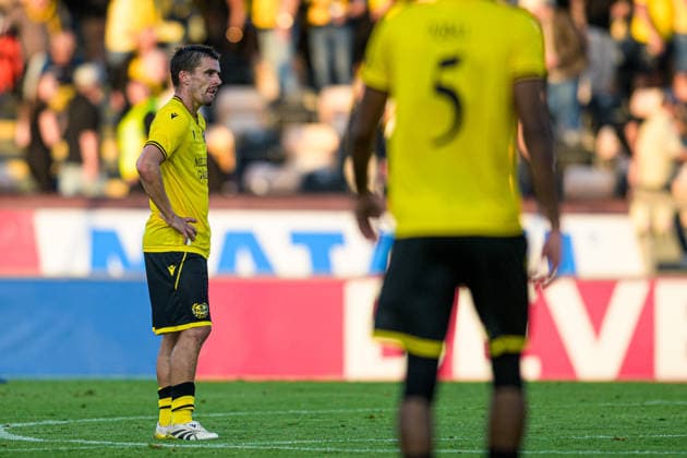 260804 Jesper Gustavsson of Mjällby looks dejected after the Champions League football qualifying match between Mjällby and Slovan Bratislava on August 4, 2026 in Hällevik. Photo: Christoffer Borg Mattisson BILDBYRAN COP 261 CB0545 fotboll football soccer fotball uefa champions league champions league mjällby slovan bratislava bbeng depp Copyright: CHRISTOFFERxBORGxMATTISSON BB260804CB126