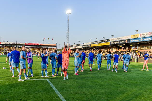260804 Players of Slovan Bratislava celebrates after the Champions League football qualifying match between Mjällby and Slovan Bratislava on August 4, 2026 in Hällevik. Photo: Christoffer Borg Mattisson BILDBYRAN COP 261 CB0545 fotboll football soccer fotball uefa champions league champions league mjällby slovan bratislava bbeng jubel Copyright: CHRISTOFFERxBORGxMATTISSON BB260804CB129