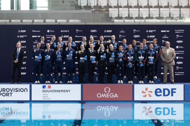 Team technical artistic swimming final European Aquatics Championships - Saint-Denis Silver medallist Spain s team, gold medallist Neutral Athletes Team and bronze medallist Italy s team pose on the podium for the team technical artistic swimming event during the LEN European Aquatics Championships, at the Olympic Aquatics Centre in Saint-Denis, northeastern suburbs of Paris, on August 4, 2026. Photo by Raphael Lafargue ABACAPRESS.COM Saint-Denis France  Copyright: xLafarguexRaphael ABACAx