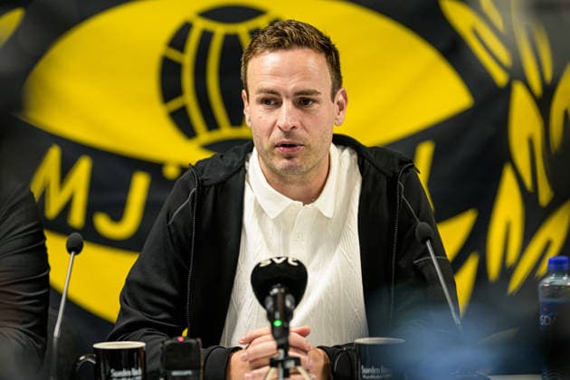 260804 Coach Karl Marius Aksum of Mjällby at the press conference, PK, Pressekonferenz after the Champions League football qualifying match between Mjällby and Slovan Bratislava on August 4, 2026 in Hällevik. Photo: Christoffer Borg Mattisson BILDBYRAN COP 261 CB0545 fotboll football soccer fotball uefa champions league champions league mjällby slovan bratislava bbeng Copyright: CHRISTOFFERxBORGxMATTISSON BB260804CB151