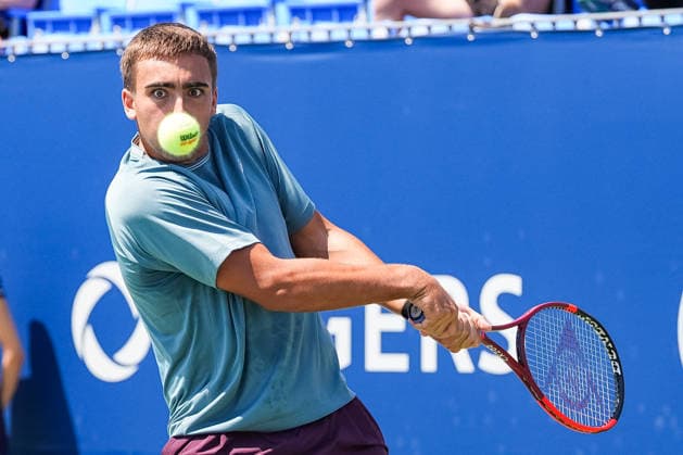 MONTREAL, QC - AUGUST 04: Daniel Merida (ESP) returns the ball during a first round match at National Bank Open on August 04, 2026 at IGA Stadium in Montreal, QC (Photo by David Kirouac Icon Sportswire) TENNIS: AUG 04 National Bank Open EDITORIAL USE ONLY Icon26080404326