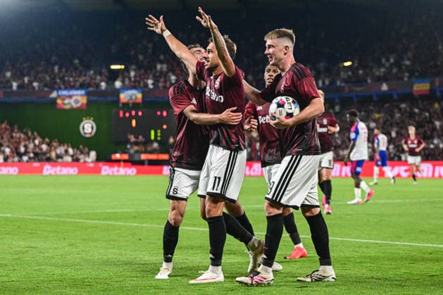 AC Sparta Praha players celebrate a goal during the 1st leg, 3rd qualifying round match of the Football Champions League between Sparta Praha and Olympique Lyon, on August 4, 2026, in Prague, Czech Republic. (CTKxPhoto OndrejxDeml) CTKPhotoP2026080407009  CTKPhotoP2026080407009