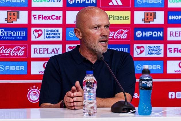 Athens , 04-08-2026 , Stadio Georgios Karaiskakis , third qualifying round of the Champions League , season 2026 2027 , Olympiakos - NEC , picture shows NEC coach Dick Schreuder press conference, PK, Pressekonferenz after the match final score 0-0. Olympiakos - NEC  x205454373x Copyright: