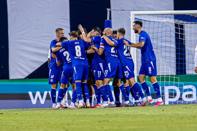 GNK Dinamo vs FK Kauno Žalgiris, UEFA Champions League third qualifying round, first leg, Stadion Maksimir, August 4, Zagreb, Croatia. GNK Dinamo celebrates after scoring during the UEFA Champions League third qualifying round first leg match between GNK Dinamo and FK Kauno Žalgiris at Stadion Maksimir in Zagreb, Croatia. Zagreb Zagreb Croatia
