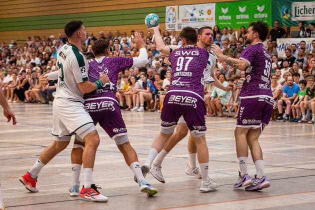 04.08.2026, xovx, Handball Lindencup, HSG Wetzlar - TV Hüttenberg v.l. Josip Simic (HSG Wetzlar), Leif Haack (TV Hüttenberg), David Kuntscher (TV Hüttenberg), Dominik Mappes (HSG Wetzlar), Hendrik Schreiber (TV Hüttenberg) Linden Stadthalle Hessen Deutschland (DE)