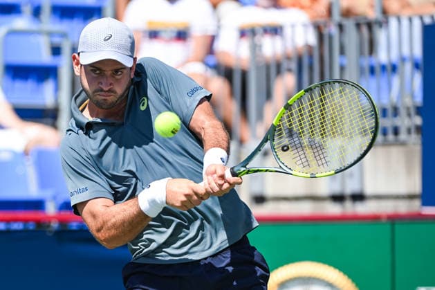 MONTREAL, QC - AUGUST 05: Nicolas Mejia (COL) returns the ball during a second round match at National Bank Open on August 05, 2026 at IGA Stadium in Montreal, QC (Photo by David Kirouac Icon Sportswire) TENNIS: AUG 05 National Bank Open EDITORIAL USE ONLY Icon26080501226