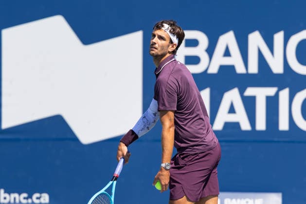 August 5, 2026, Montreal, Quebec, Canada: LORENZO MUSETTI (11) from italia serving in match against Nicolas Mejia from Colombia in second round at Canadian Open at IGA stadium in Montreal, Quebec, Canada on 2026-08-05 Montreal Canada - ZUMAl189 20260805_zsp_l189_006 Copyright: xYannickxLegarex