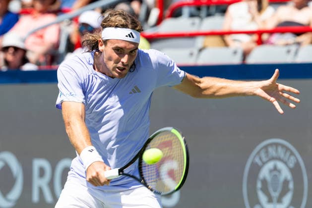 August 5, 2026, Montreal, Quebec, Canada: STEFANOS TSITSIPAS from Greece backhand in match against Joao Fonseca (22) from Brazil in second round at Canadian Open at IGA stadium in Montreal, Quebec, Canada on 2026-08-05 Montreal Canada - ZUMAl189 20260805_zsp_l189_033 Copyright: xYannickxLegarex