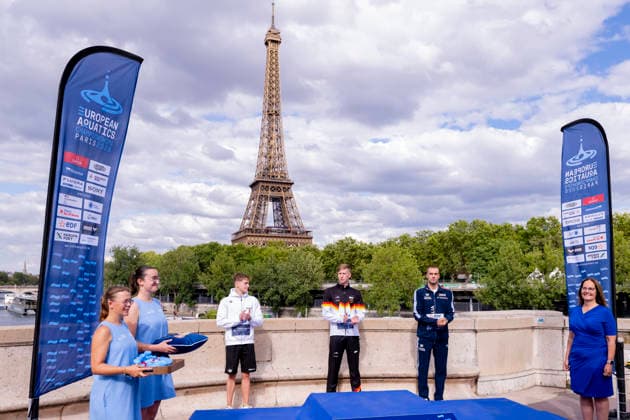 France, Paris, Seine River, 05.08.2026, European Aquatics Championships Artistic Swimming, Day 6, Medal Ceremony 5km Open Water, David Betlehem of Hungary, Florian Wellbrock of Germany and Gregorio Paltrinieri of Italy, Photo by Eibner Pressefoto Tino Henschel European Aquatics Championships Artistic Swimming, Day 6, Medal Ceremony 5km Open Water Paris Copyright: xEibnerxPressefotox
