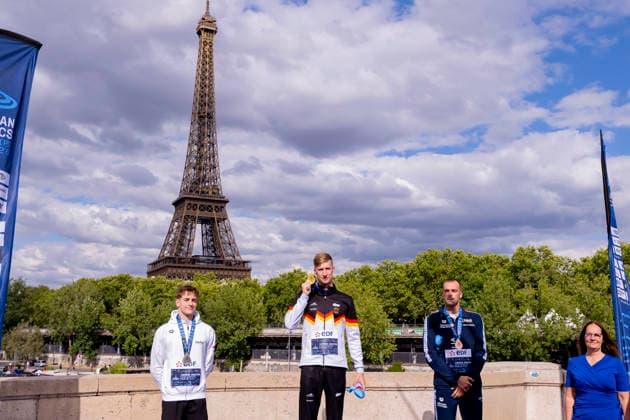 France, Paris, Seine River, 05.08.2026, European Aquatics Championships Artistic Swimming, Day 6, Medal Ceremony 5km Open Water, David Betlehem of Hungary, Florian Wellbrock of Germany and Gregorio Paltrinieri of Italy, Photo by Eibner Pressefoto Tino Henschel European Aquatics Championships Artistic Swimming, Day 6, Medal Ceremony 5km Open Water Paris Copyright: xEibnerxPressefotox