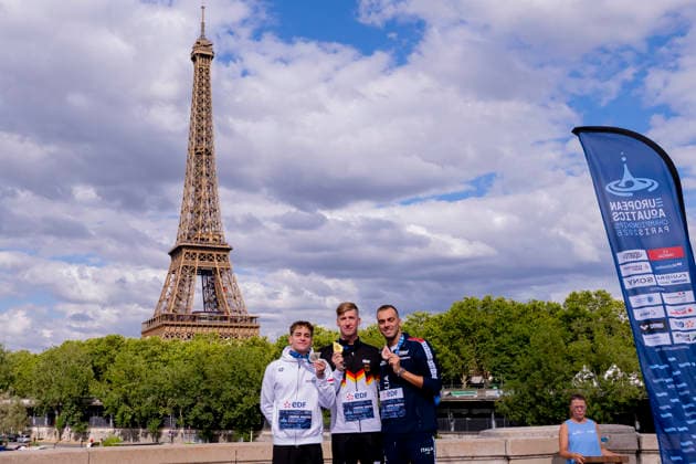 France, Paris, Seine River, 05.08.2026, European Aquatics Championships Artistic Swimming, Day 6, Medal Ceremony 5km Open Water, David Betlehem of Hungary, Florian Wellbrock of Germany and Gregorio Paltrinieri of Italy, Photo by Eibner Pressefoto Tino Henschel European Aquatics Championships Artistic Swimming, Day 6, Medal Ceremony 5km Open Water Paris Copyright: xEibnerxPressefotox