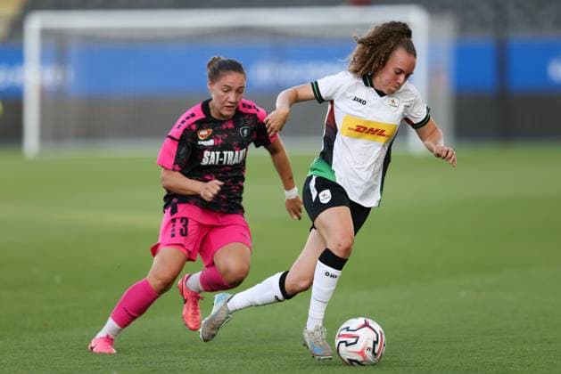 TSC Backa Topola s Katarina Silusi and OHL Women s Alixe Bosteels fight for the ball during a game between Oud-Heverlee Leuven Women and Serbian club TSC Backa Topola, Wednesday 5th of August 2026, in Leuven, a second round qualification game in the UEFA Women™s Champions League. BRUNOxFAHY  x182809468x