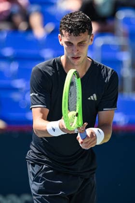 MONTREAL, QC - AUGUST 05: Juan Manuel Cerundolo (ARG) gets ready to serve the ball during a second round match at National Bank Open on August 05, 2026 at IGA Stadium in Montreal, QC (Photo by David Kirouac Icon Sportswire) TENNIS: AUG 05 National Bank Open EDITORIAL USE ONLY Icon26080505526