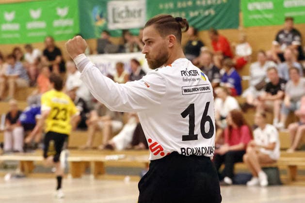 05.08.2026, xovx, Handball Lindencup, Pfadi Winterthur - HSC 2000 Coburg Jubel bei Petros Boukovinas (HSC Coburg) Linden Stadthalle Hessen Deutschland (DE)