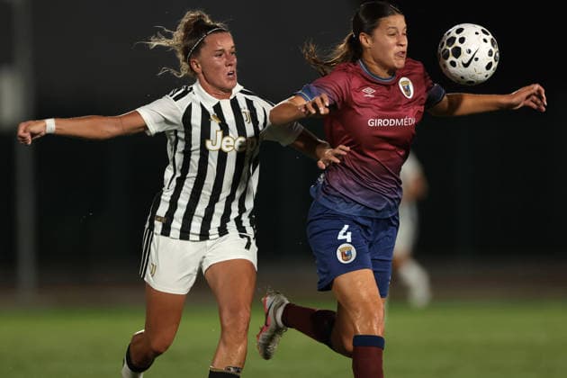 Biella, Italy, 5th August 2026. Ana Capeta of Juventus battle for the ball against Ella Rose Tonkin of SCU Torreense during the Juventus Women vs SCU Torreense UEFA Womens Champions League 2nd Qualifiying Round Semi Final match at Stadio Vittorio Pozzo, Biella. Picture credit should read: Jonathan Moscrop Sportimage EDITORIAL USE ONLY. No use with unauthorised audio, video, data, fixture lists, club league logos or live services. Online in-match use limited to 120 images, no video emulation. No use in betting, games or single club league player publications. SPI_006_JM_JUVE_TORREENSE_UWCL SPI-4875-0008