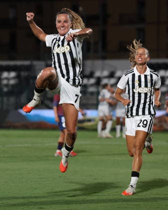 Biella, Italy, 5th August 2026. Ana Capeta of Juventus celebrates with team mate Tatiana Pinto after scoring to give the side a 2-0 lead during the Juventus Women vs SCU Torreense UEFA Womens Champions League 2nd Qualifiying Round Semi Final match at Stadio Vittorio Pozzo, Biella. Picture credit should read: Jonathan Moscrop Sportimage EDITORIAL USE ONLY. No use with unauthorised audio, video, data, fixture lists, club league logos or live services. Online in-match use limited to 120 images, no video emulation. No use in betting, games or single club league player publications. SPI_017_JM_JUVE_TORREENSE_UWCL SPI-4875-0019